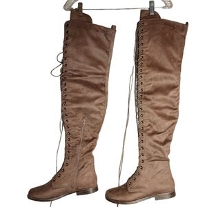 New! Liliana thigh-high faux suede lace up tan boots.